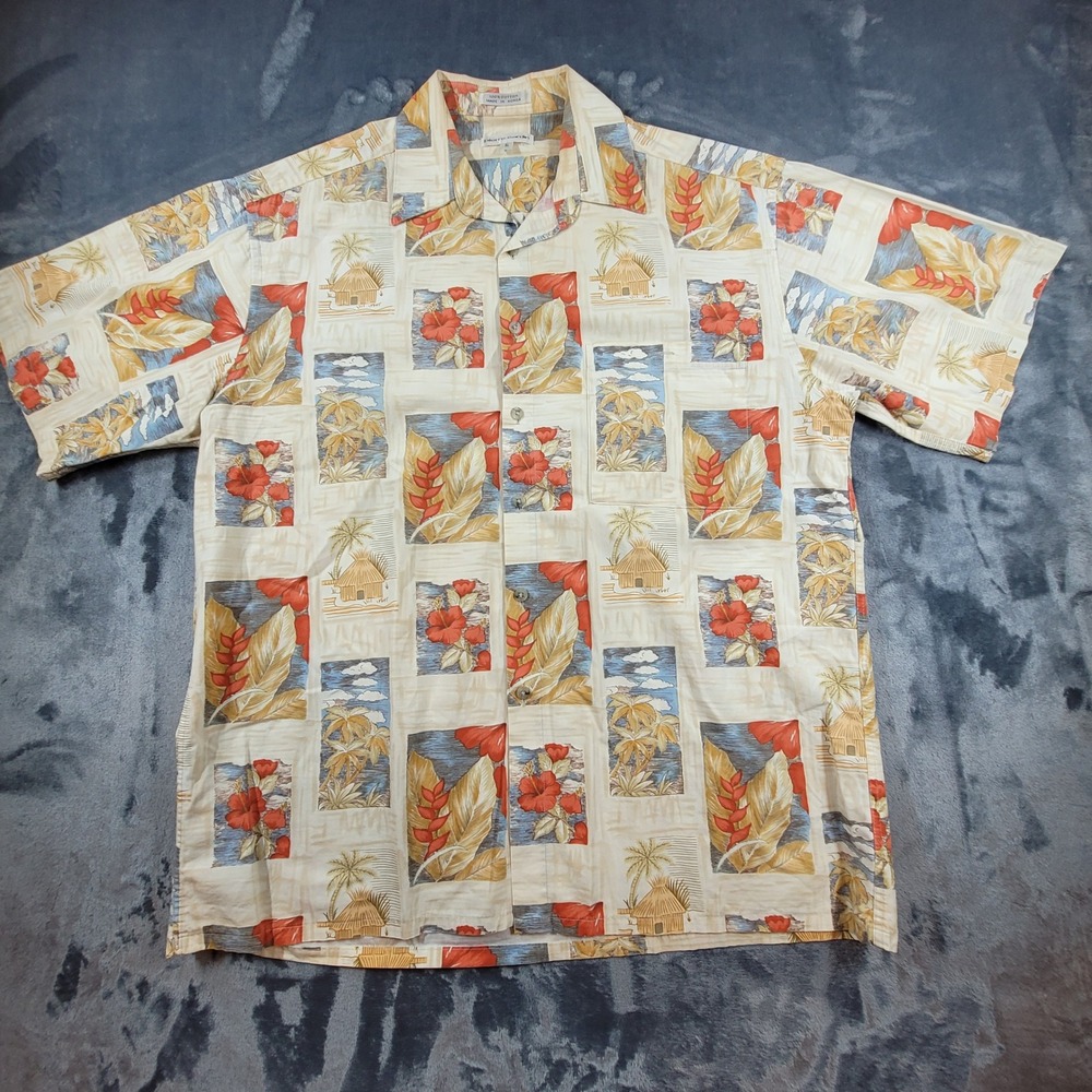 Pierre Cardin Mens Large Cotton Tropical Hibiscus Postcard Print Camp Shirt Tan